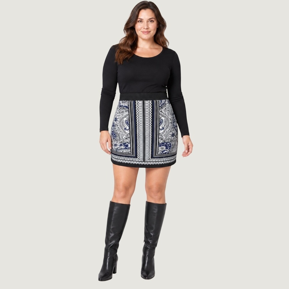 Rafaella Paisley Print Mini Skirt Women 12 Blue Black Boho Career Classic Chic
